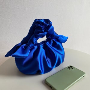 Satin small and big bag with knots scrunchies handbag Furoshiki knot bag Wedding guest bag 25 colors Bag for event small blue bag image 4