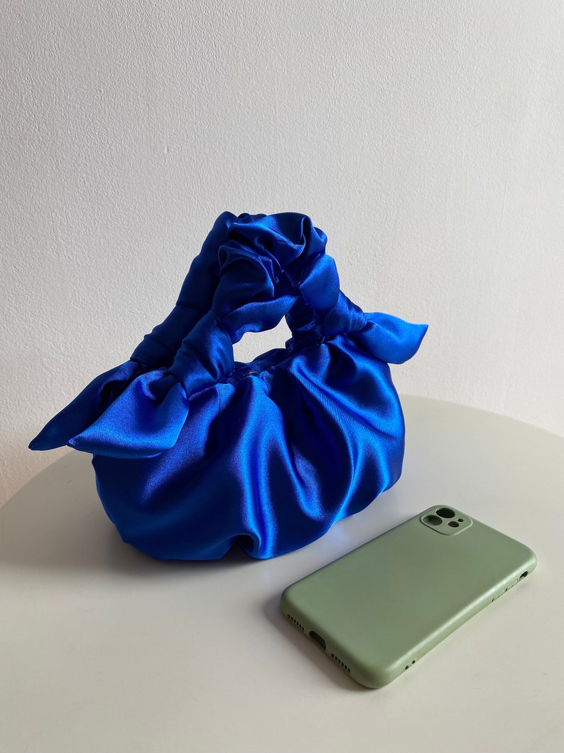 Satin small and big bag with knots scrunchies handbag Furoshiki knot bag Wedding guest bag 25 colors Bag for event small blue bag image 4