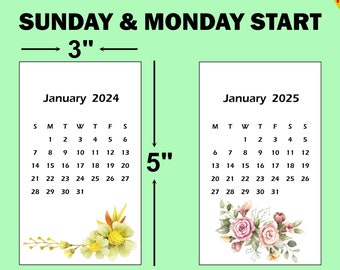 2024 2025 Floral Watercolor Mini Calendar Printable PDF, 3x5 Inches, Small Calendar, Desk Calendar, Pocket Calendar