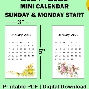 2024 2025 Floral Acuarela Mini Calendario Imprimible PDF, 3x5 Pulgadas, Calendario Pequeño, Calendario de Escritorio, Calendario de Bolsillo