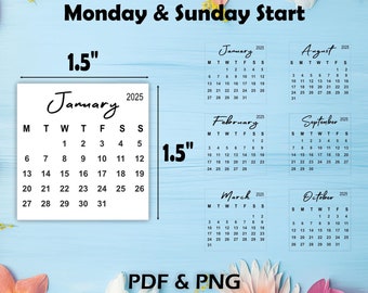 Printable 2025 PNG Calendar, 1.5 x 1.5 inches, Transparent Monthly Calendar, Mini Calendar, Digital Download