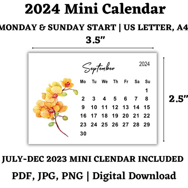 Orchid 2024 Mini Calendar, Jul-Dec 2023 Included, 3.5x2.5 Inches, Monday & Sunday Start, Digital Download, Pocket Calendar, Desk Calendar