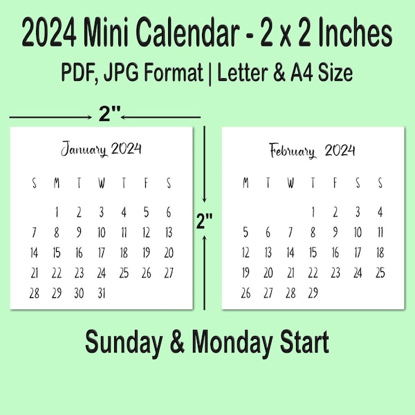 2024  Mini Calendar Printable PDF, 2 x 2 Inches, Desk Calendar, Small Calendar, Pocket Calendar