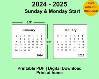 2024 2025 Mini calendario PDF stampabile, 3,5 x 3,5 pollici, inizio domenica e lunedì, piccolo calendario, calendario da tavolo