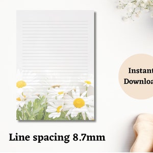 May include: Lined notepad with a daisy floral design at the bottom. The notepad has a line spacing of 8.7mm. The words "Instant Download" are in a peach circle.