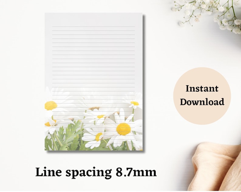 May include: Lined notepad with a daisy floral design at the bottom. The notepad has a line spacing of 8.7mm. The words "Instant Download" are in a peach circle.