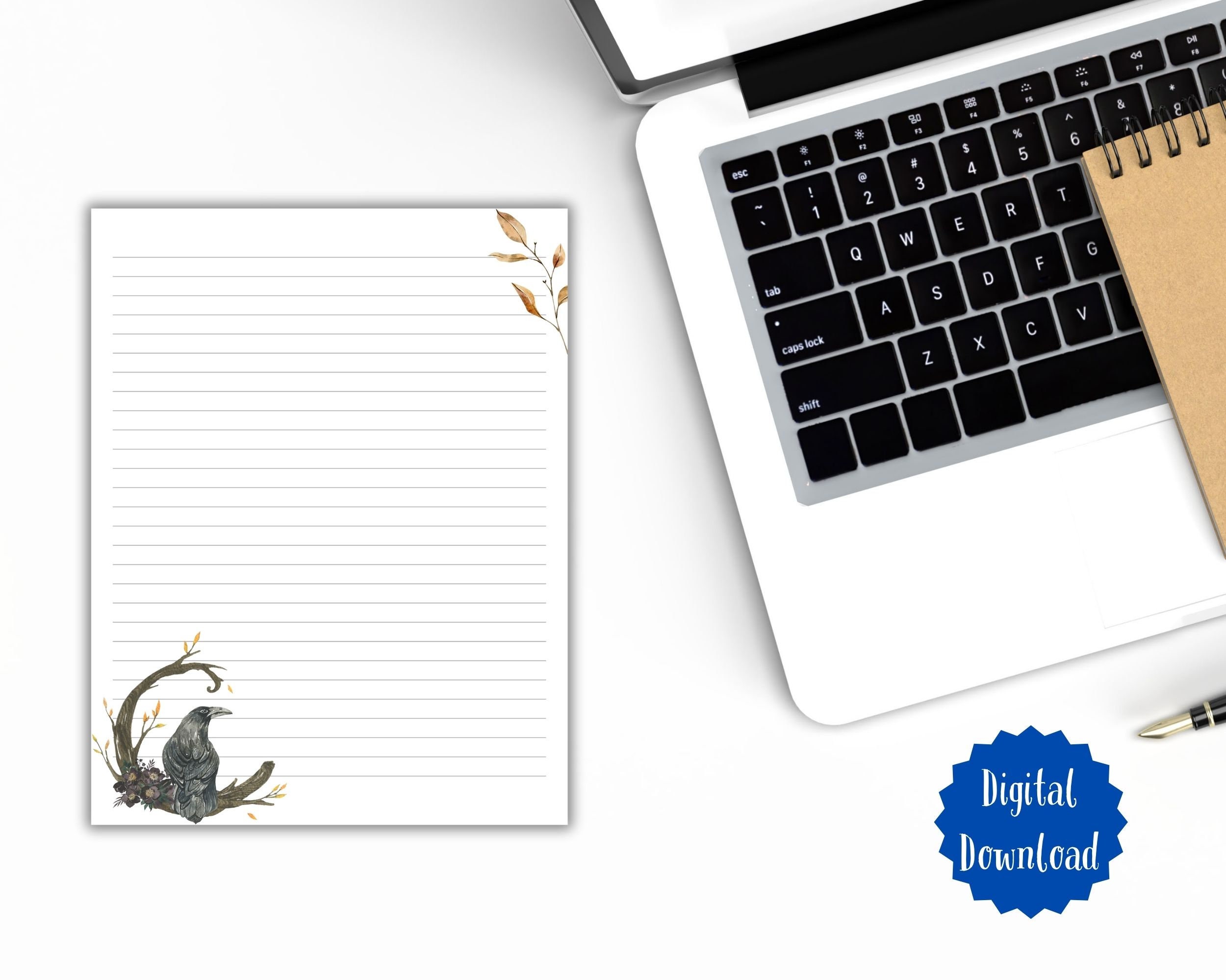 Printable Black Crow Stationery, Letter Writing Paper, Lined and ...