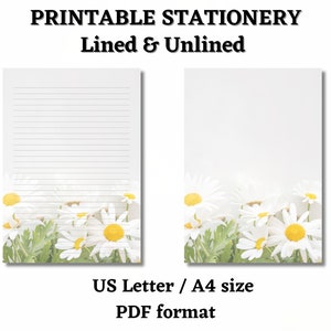 May include: Printable stationery with lined and unlined paper designs. The paper is decorated with white daisies with yellow centres and green leaves at the bottom. The text at the top says "PRINTABLE STATIONERY Lined & Unlined".