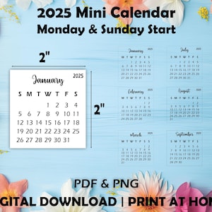 Printable 2025 PNG Calendar, 2x2 inches, Transparent Monthly Calendar, Mini Calendar, Digital Download PDF