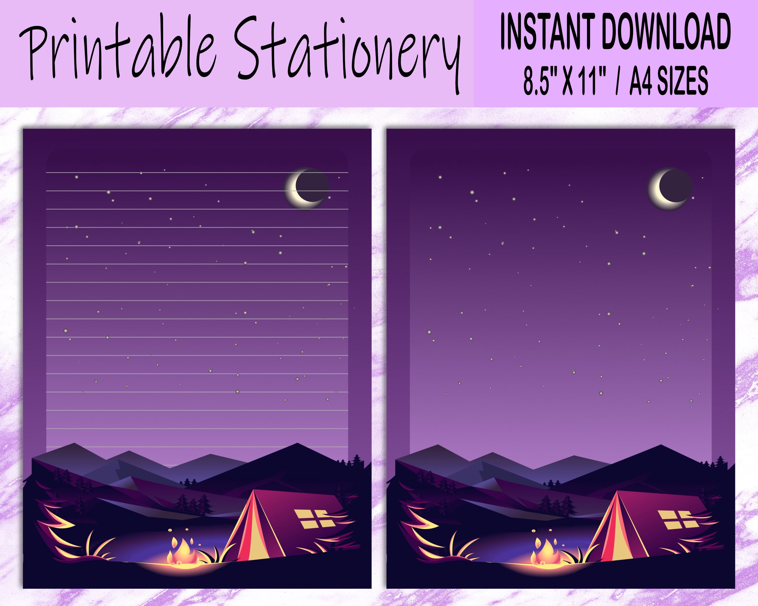 Printable Night Sky Camping Stationery, Cute Stationery, Camping Fire Stationery, Printable ...