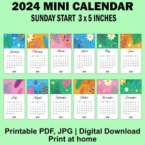 Printable Floral 2024 Mini Calendar, 3x5 Inches, Small Calendar, Pocket ...