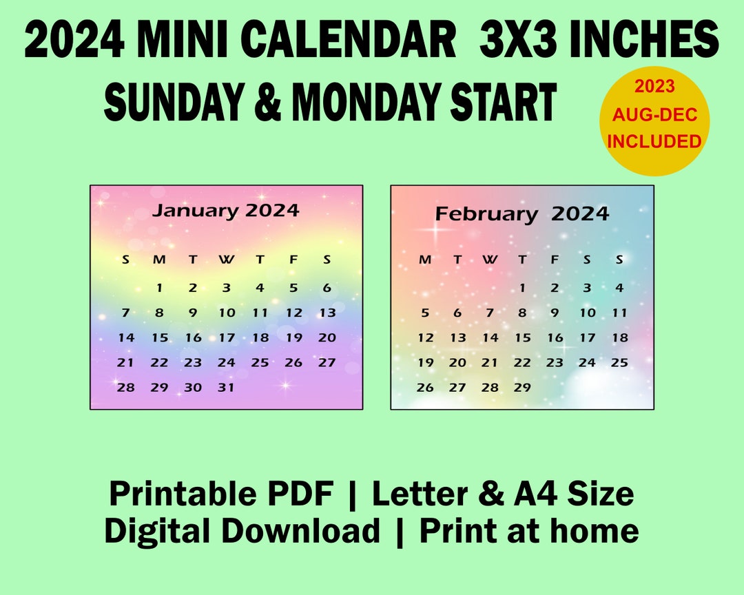 2024 Rainbow Mini Calendar Printable PDF 3x3 Inches Desk Etsy