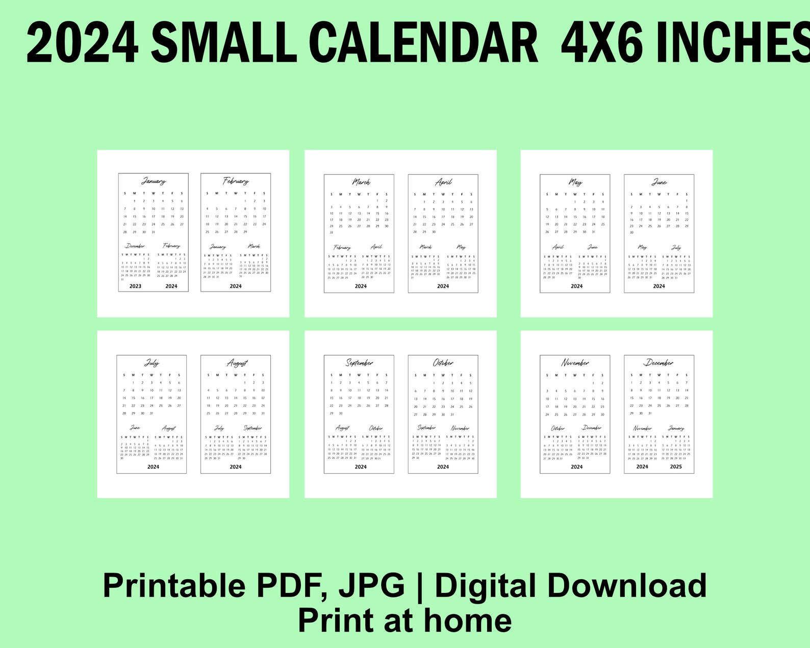 Printable 4x6 Inches 2024 Small Calendar Desk Calendar Etsy