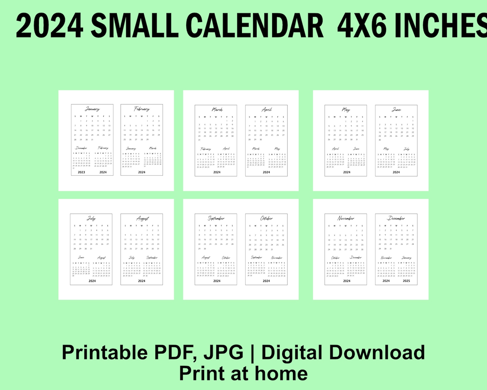 Printable 4x6 Inches 2024 Small Calendar Desk Calendar Etsy