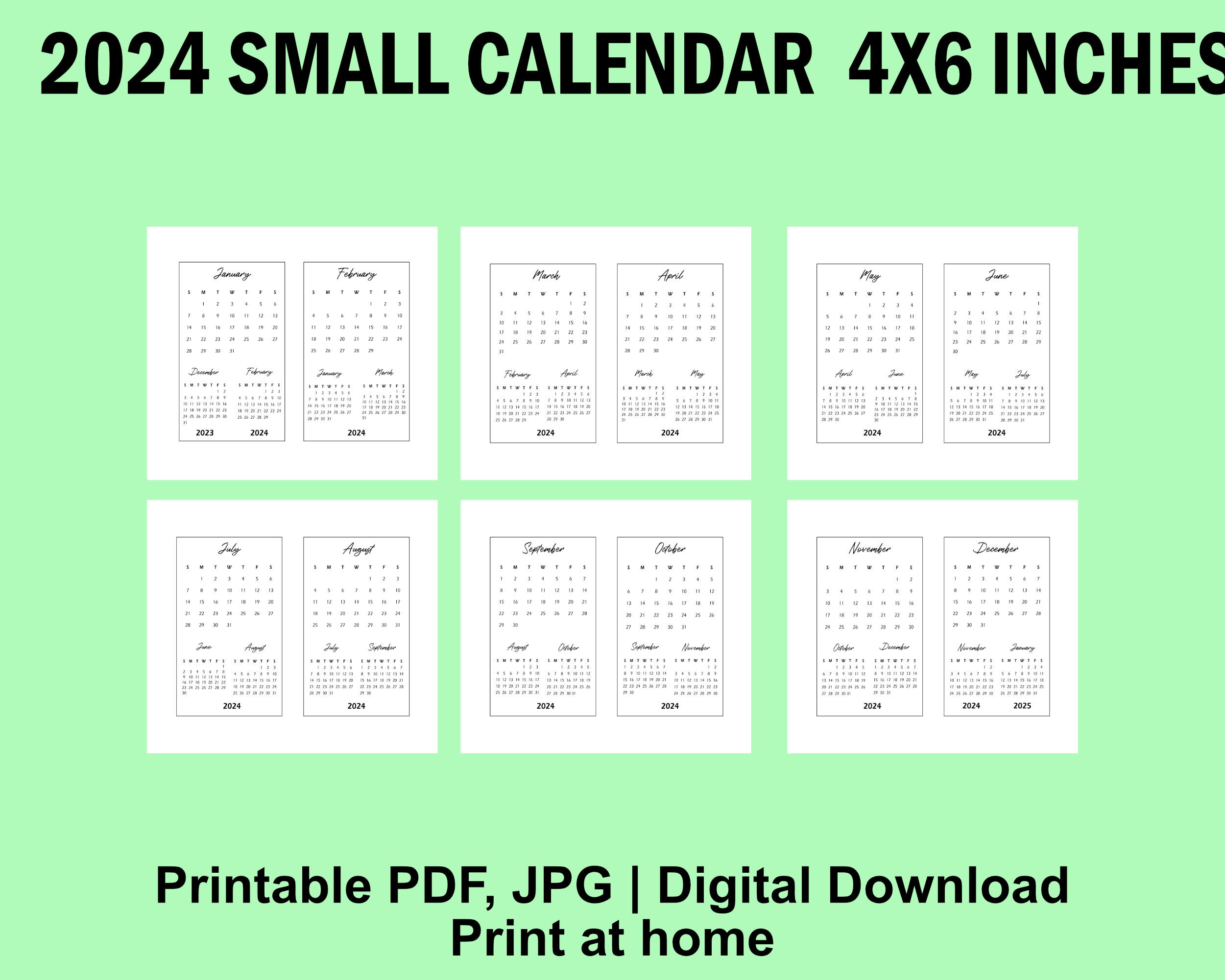 Printable 4x6 Inches 2024 Small Calendar, Desk Calendar, Printable PDF ...