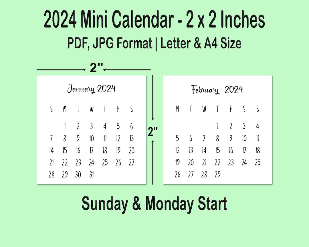 2024 Mini Calendar Printable PDF 2 X 2 Inches Desk Calendar Etsy