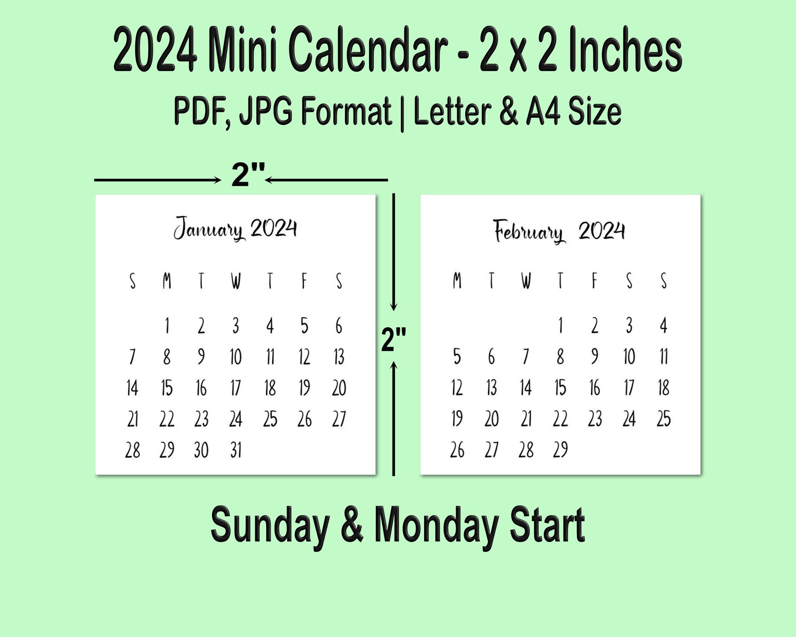2024 Mini Calendar Printable PDF 2 X 2 Inches Desk Calendar Etsy