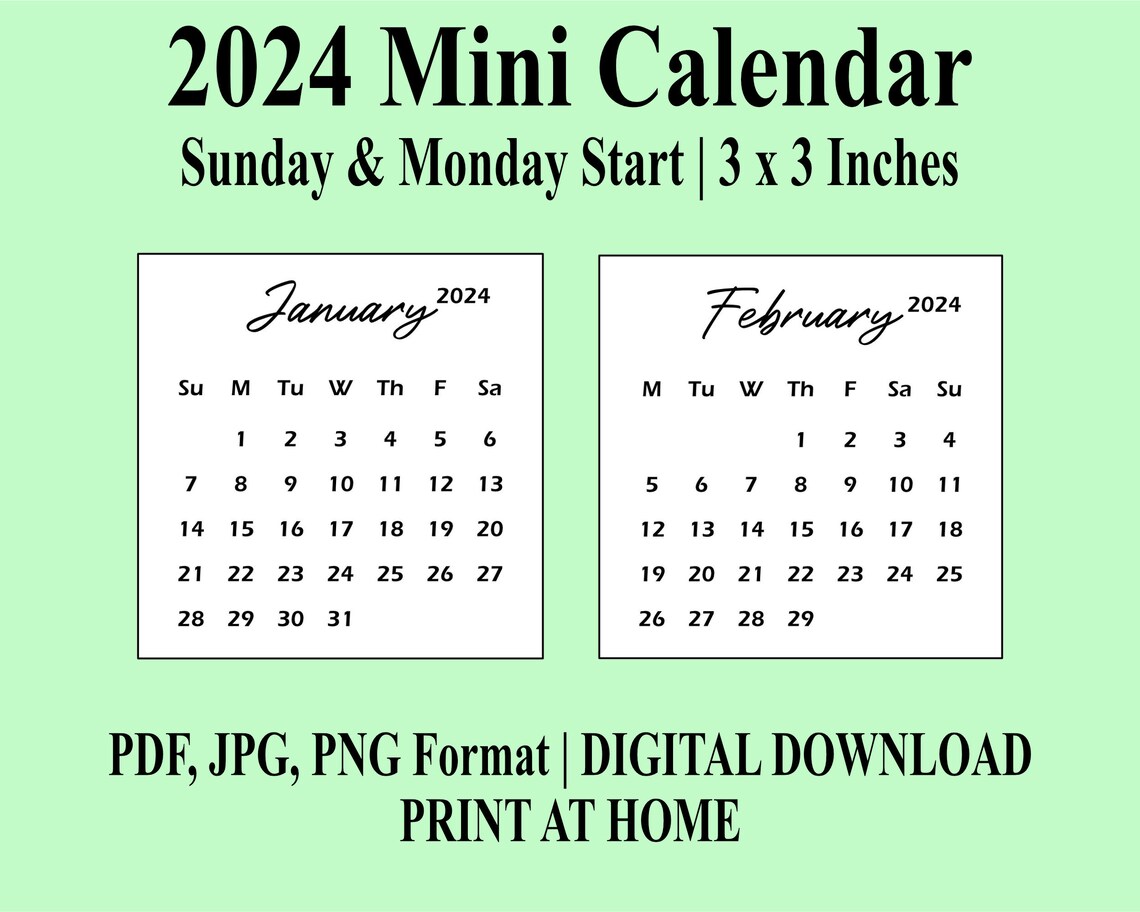 Printable PDF Mini Calendar 2024 3x3 Inches Sunday & Monday Etsy Canada