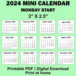 2024 2025 Mini Calendar Printable PDF, 3x2.5 Inches, Monday and Sunday ...