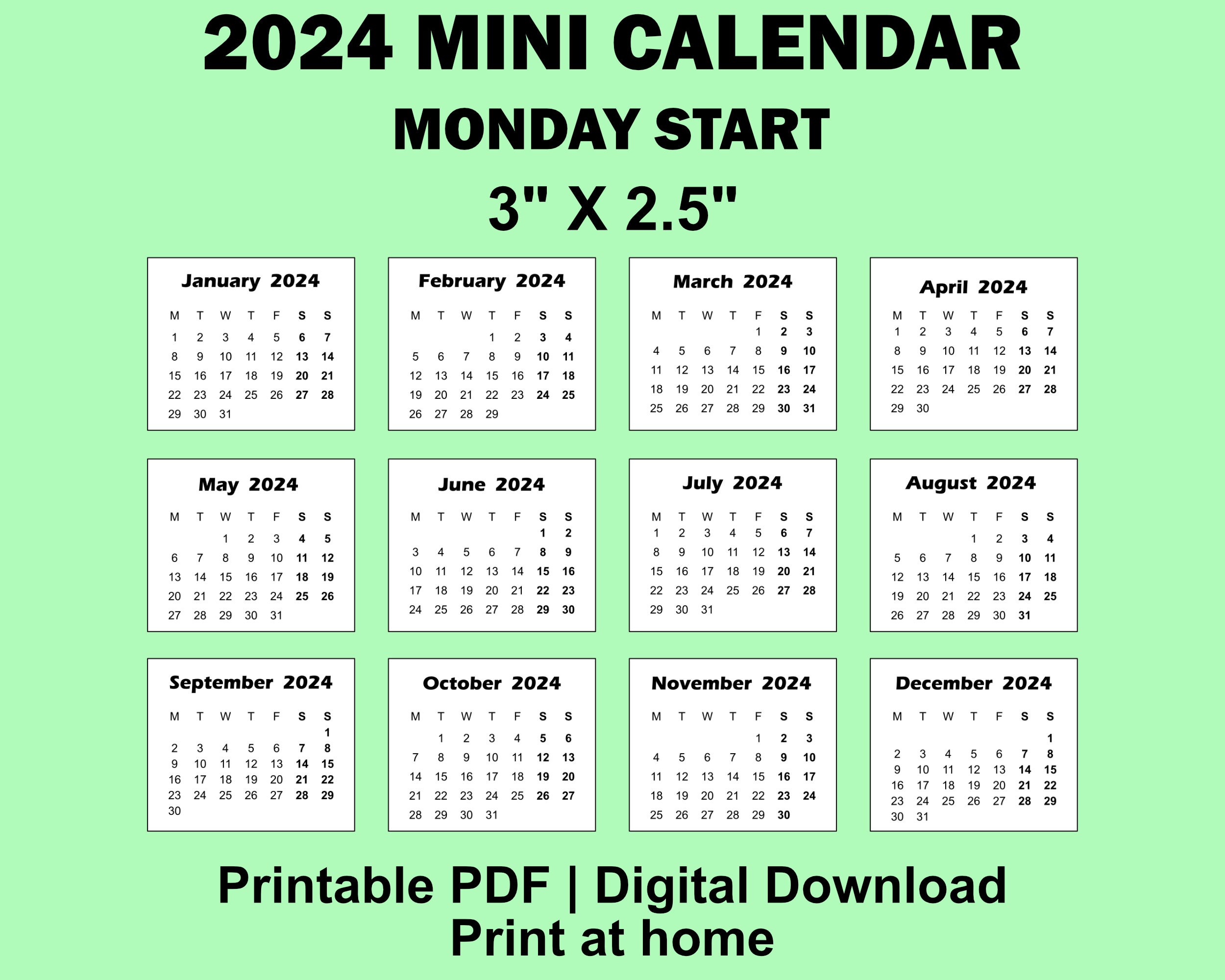 2024 2025 Mini Calendar Printable PDF, 3x2.5 Inches, Monday and Sunday