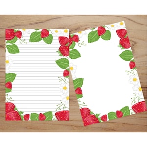 Papelería con fresas para imprimir, descarga instantánea, papel para escribir con frutas en blanco y con líneas, juego de papelería con fresas, tamaño A4 y carta