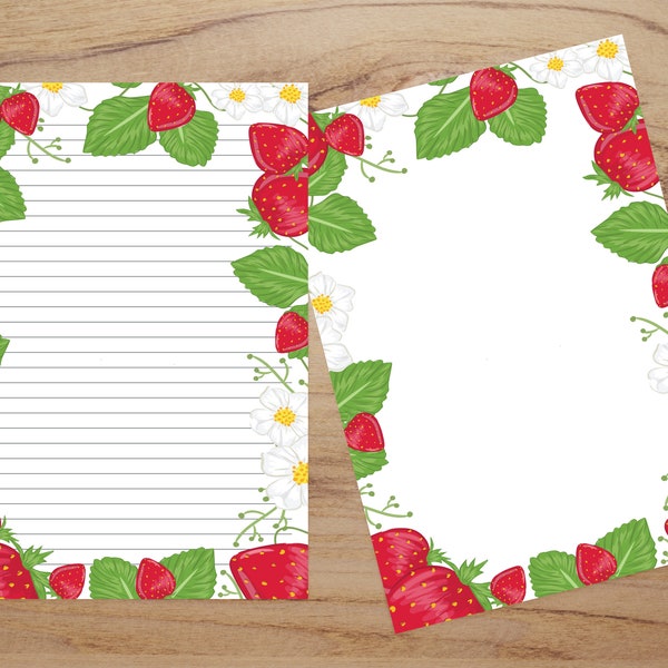 Printable Strawberries Stationery, Instant Download, Blank and Lined Fruit Writing Paper, Strawberry Stationery Set,  A4 and Letter size