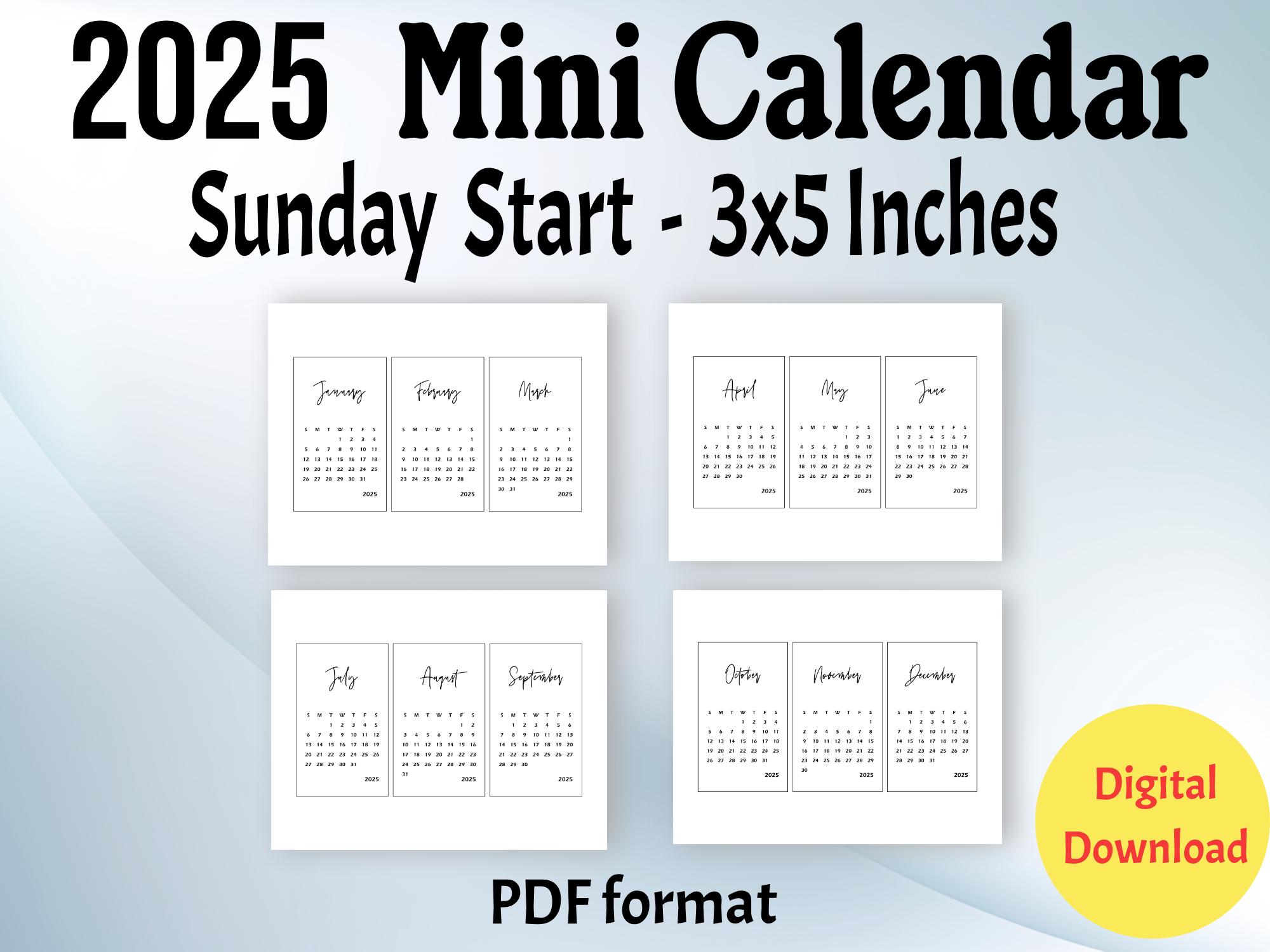 2025年ミニカレンダー（印刷可能PDF、3 x 5インチ、小型カレンダー
