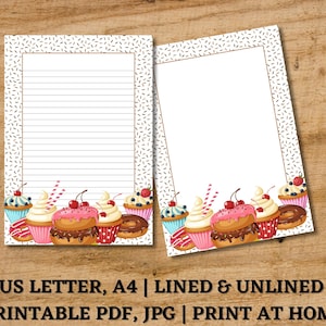 Druckbare Cupcake Briefpapier PDF, Brief Briefpapier, Liniertes und Unliniertes Digitales Papier, Donuts Notizpapier, Süßes Briefpapier