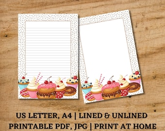 Printable Cupcake Stationery PDF, Letter Writing Paper, Lined and Unlined Digital Paper, Donuts Note Paper, Sweet Stationery