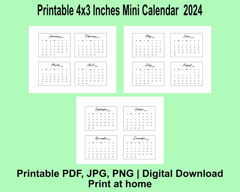 Printable 4x3 Inches 2024 Mini Calendar, Desk Calendar, Black and White