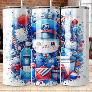 Sans couture chaton postier 20 oz gobelet mince Wrap Sublimation Design, collage de timbre de lettre de facteur de chat mignon, téléchargement numérique PNG