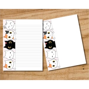 Papelería imprimible en formato PDF con diseño de gato, papel digital rayado y sin rayar, papel para escribir cartas, papelería imprimible con diseño de gato de dibujos animados, lindo juego de cartas