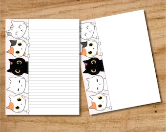 Papeterie chat PDF imprimable, papier numérique ligné et non ligné, papier à lettres, papier à lettres imprimable chat dessin animé, joli ensemble de lettres