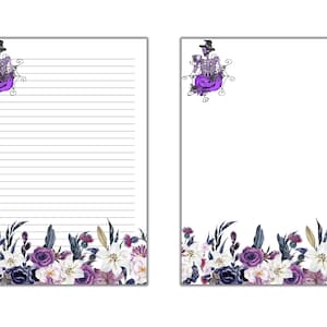 Skeleton Floral Stationery, Halloween Letter Writing Paper, Digital Paper, Floral Stationery PDF, US Letter | A4 Lined Unlined Paper