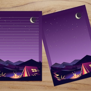 Papelería de camping de cielo nocturno imprimible, papelería linda, papelería de fuego de camping, papel de escritura de cartas imprimible, papelería de cielo nocturno