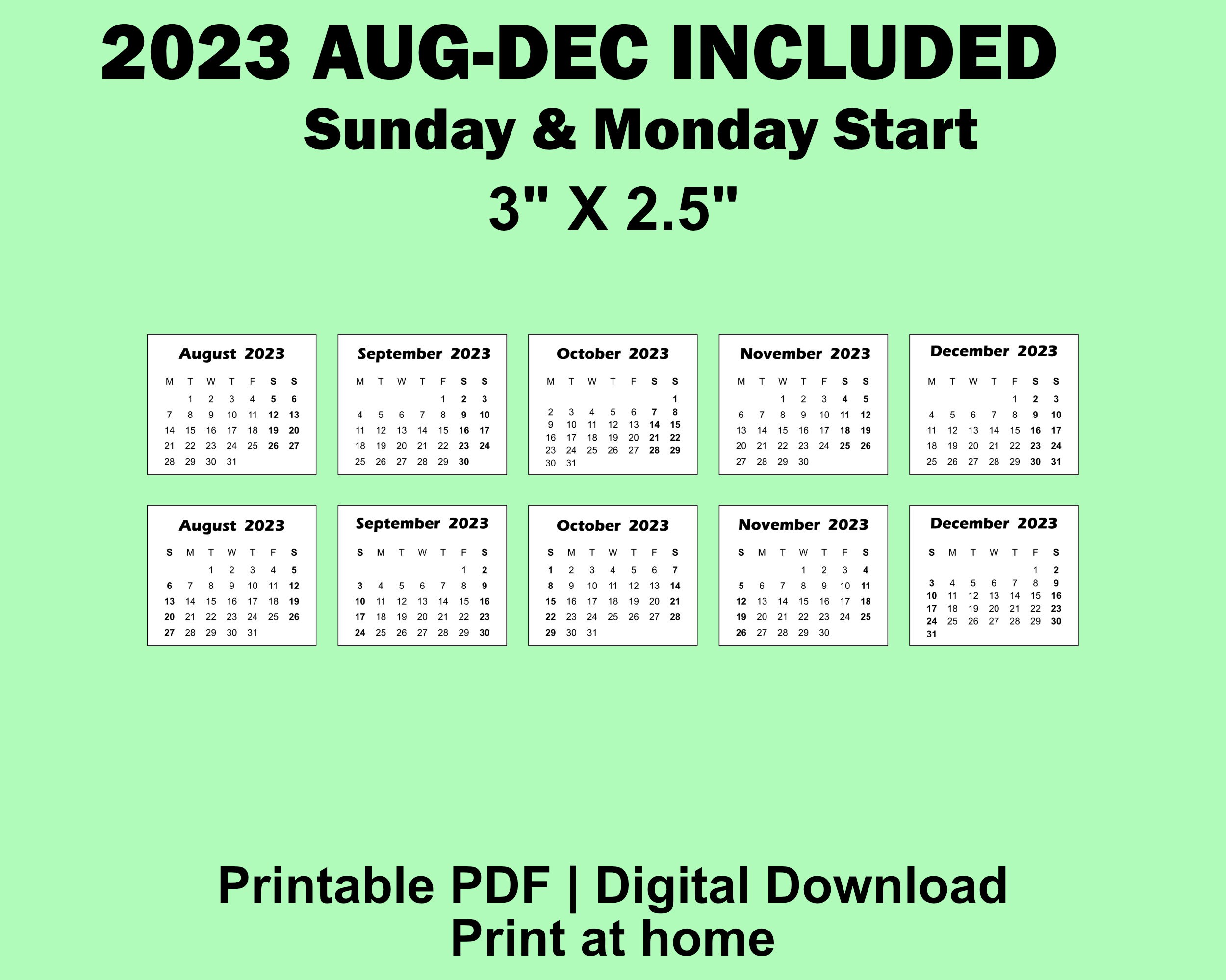 2024 2025 Mini Calendar Printable PDF, 3x2.5 Inches, Monday and Sunday
