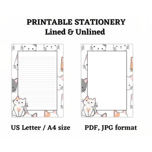 Lindos artículos de papelería de gato kawaii imprimibles en PDF, papel para escribir cartas para amantes de los gatos, papel rayado y sin raya, papelería de gato imprimible, tamaño A4 / Carta de EE. UU.