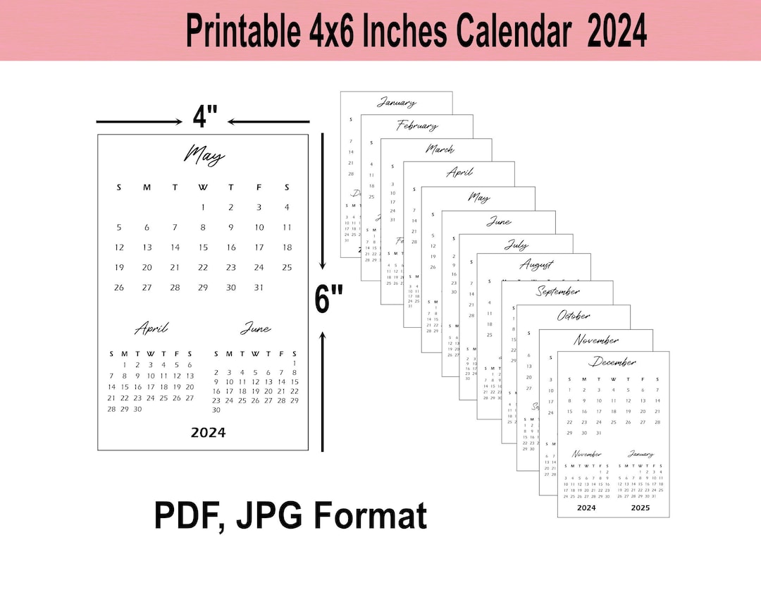 Printable 4x6 Inches 2024 Small Calendar, Desk Calendar, Printable PDF ...