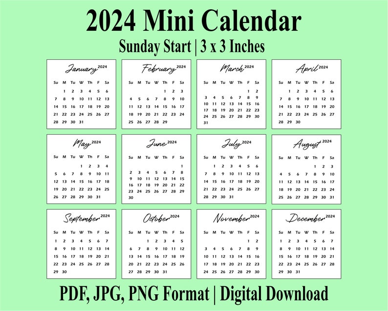 Printable PDF Mini Calendar 2024, 3x3 Inches, Sunday & Monday Start