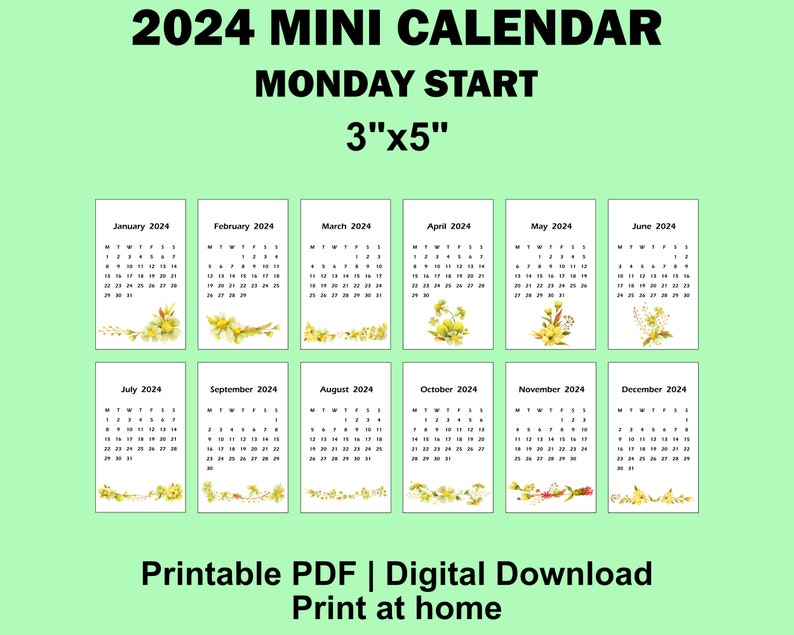 2024 2025 Floral Watercolor Mini Calendar Printable PDF, 3x5 Inches ...