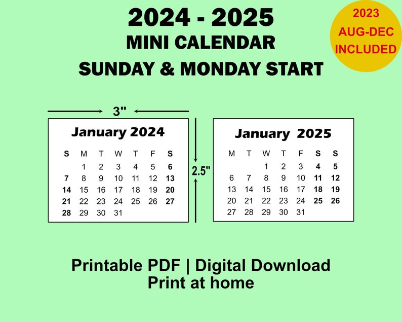 2024 2025 Mini Calendar Printable PDF, 3x2.5 Inches, Monday and Sunday ...
