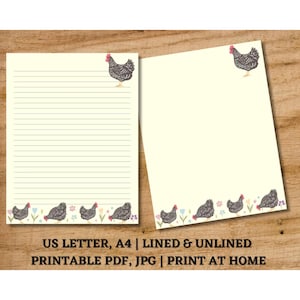 Papelería imprimible con diseño de gallinas, papel rayado y sin rayar para escribir cartas, amantes de las gallinas, papelería de granjeros, papel digital, descarga instantánea