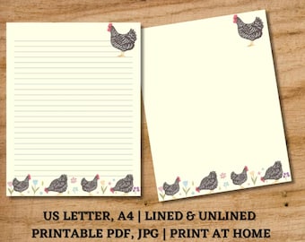 Printable Chickens Stationery, Lined and Unlined Letter Writing Paper, Chicken Lovers, Farmer Stationery, Digital Paper, Instant Download
