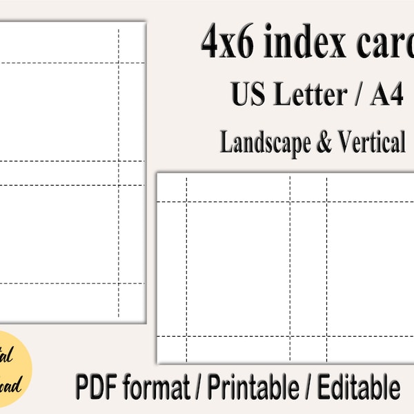 Printable 4x6 Index Cards, Editable index card, Blank Flashcards, Digital Index Cards, Printable Note Cards, Editable PDF Index Card