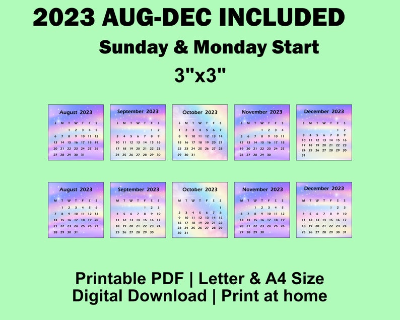2025 Rainbow Mini Calendar Printable PDF, 3x3 Inches, Desk Calendar