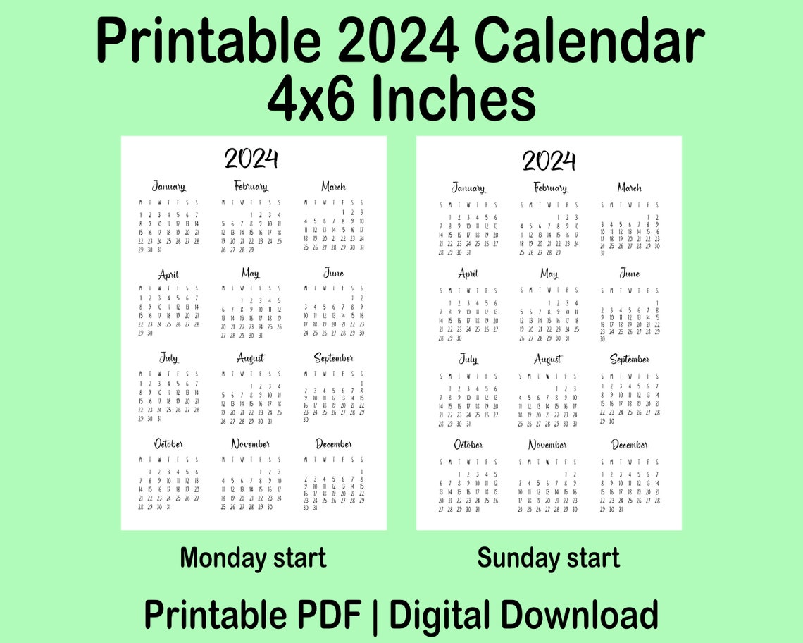Printable Yearly 2024 Calendar, 4x6 Inches, Yearly Calendar, Planner