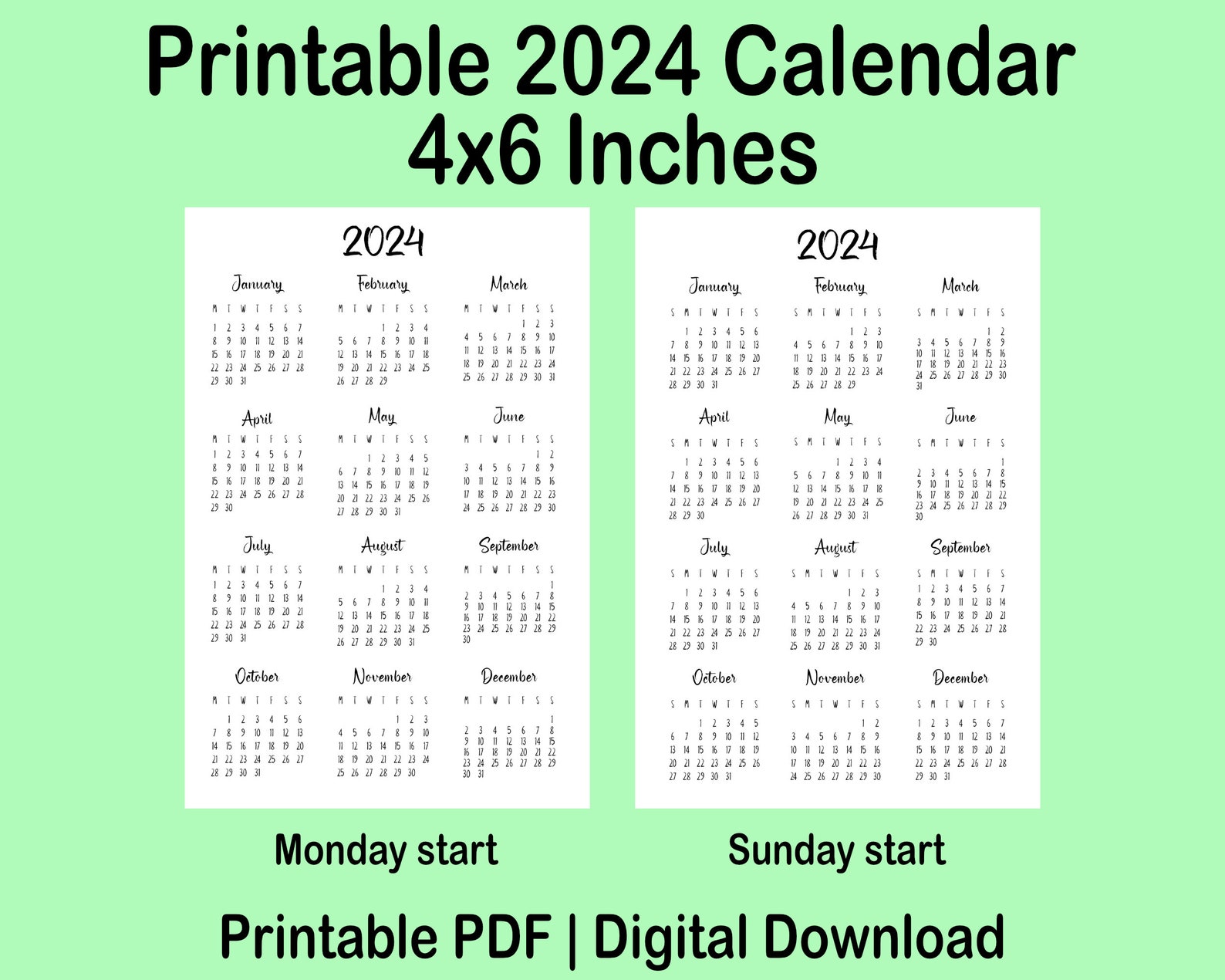 Printable Yearly 2024 Calendar 4x6 Inches Yearly Calendar Etsy