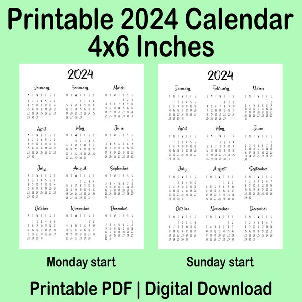 Printable yearly 2024 Calendar, 4x6 Inches, Yearly Calendar, Planner Calendar, Planner Insert Calendar