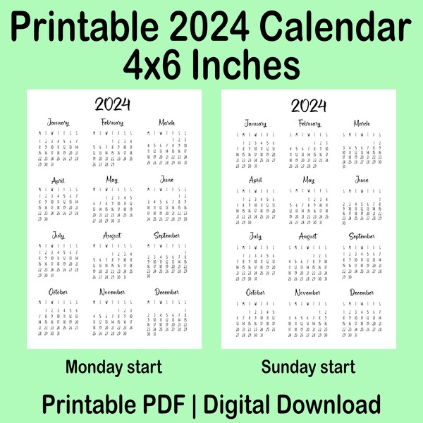 4x6 2024 Printable Calendar - Etsy