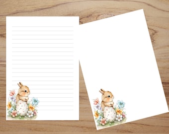 Printable Cute Bunny Stationery, Printable Stationery Lined and Unlined Paper, Unlined Letter Paper, Digital A4, US Letter 8.5" x 11"